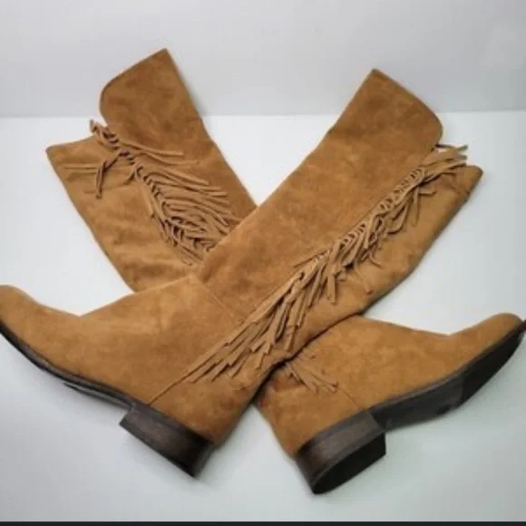 Tan Suede Knee High Fringe Boots mossimo casual classic fall 8 $60 boho - Picture 1 of 9